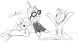 Size: 1504x832 | Tagged: safe, artist:snapai, derpibooru import, moondancer, pinkie pie, twilight sparkle, twilight sparkle (alicorn), alicorn, pony, amending fences, bedroom eyes, book, bookhorse, clothes, female, fourth wall, glasses, gritted teeth, mare, monochrome, on back, open mouth, shocked, smiling, smug, sweater, wide eyes