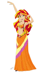 Size: 600x975 | Tagged: suggestive, artist:zellykat, derpibooru import, sunset shimmer, human, equestria girls, armlet, armpits, bedroom eyes, belly button, belly dancer, belly dancer outfit, breasts, circlet, dancing, female, fiery shimmer, humanized, lipstick, midriff, simple background, smiling, solo, solo female, transparent background