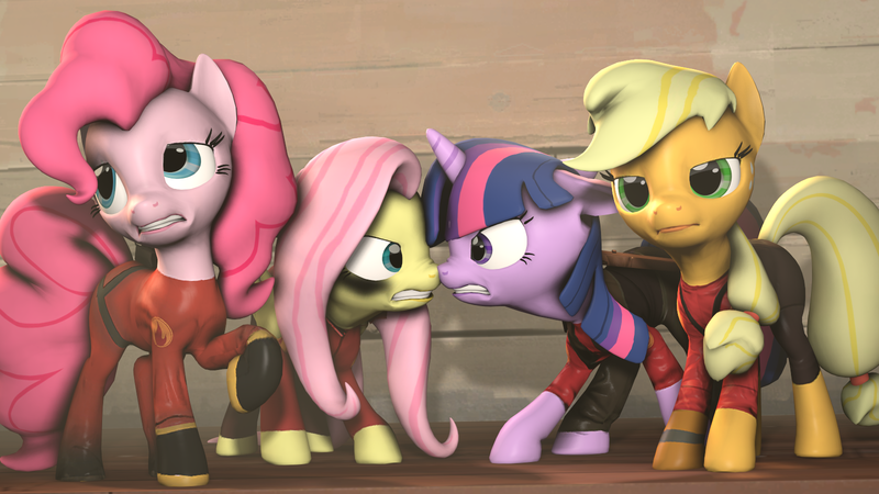 Size: 1600x900 | Tagged: 3d, applejack, artist:askpinkiepyro, artist:hellhounds04, crossover, derpibooru import, engiejack, engineer, fluttershy, fluttersoldier, pinkie pie, pinkie pyro, pyro, safe, sniper, soldier, source filmmaker, team fortress 2, twilight sniper, twilight sparkle