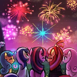 Size: 1000x1000 | Tagged: safe, artist:lumineko, derpibooru import, lemon hearts, lyra heartstrings, minuette, moondancer, twilight sparkle, twilight sparkle (alicorn), twinkleshine, alicorn, pony, amending fences, 4th of july, canterlot six, crying, donut, female, fireworks, glasses, mare, sitting