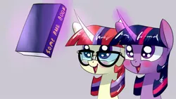 Size: 1280x720 | Tagged: safe, derpibooru import, moondancer, twilight sparkle, twilight sparkle (alicorn), alicorn, pony, unicorn, derpin daily, amending fences, :d, adorkable, blushing, book, broken glasses, bust, cute, dancerbetes, dork, eyes on the prize, female, glasses, gray background, levitation, magic, mare, open mouth, portrait, simple background, smiling, telekinesis, that pony sure does love books, twiabetes, underpable is trying to murder us