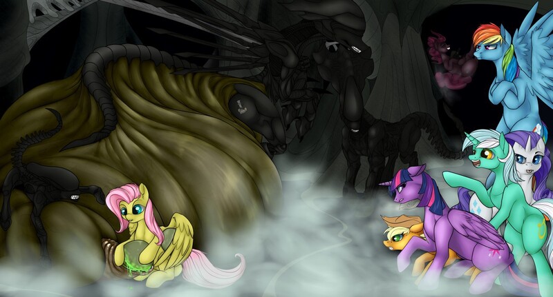 Size: 1280x690 | Tagged: questionable, artist:m-p-l, derpibooru import, applejack, fluttershy, lyra heartstrings, pinkie pie, rainbow dash, rarity, twilight sparkle, twilight sparkle (alicorn), alicorn, alien, earth pony, pegasus, pony, unicorn, xenomorph, alien (franchise), crossed arms, crouching, egg, egg sac, female, floating, flying, grin, hat, mane six, mare, oviposition, pregnant, story included, tongue out, xenomorph queen