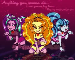 Size: 1744x1400 | Tagged: suggestive, artist:princesscallyie, derpibooru import, adagio dazzle, aria blaze, sonata dusk, equestria girls, anything, bedroom eyes, blushing, breasts, busty adagio dazzle, busty aria blaze, busty sonata dusk, cleavage, clothes, female, females only, fishnets, lingerie, looking at you, open mouth, song reference, swv, the dazzlings