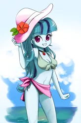 Size: 694x1059 | Tagged: suggestive, artist:twilite-sparkleplz, derpibooru import, sonata dusk, equestria girls, adorasexy, alternate hairstyle, armpits, backless, beach, belly button, bikini, breasts, clothes, cute, female, front knot midriff, hat, looking at you, loose hair, midriff, sarong, sexy, side-tie bikini, smiling, solo, sonatabetes, strapless, sun hat, swimsuit