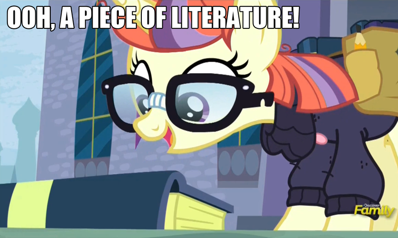 Size: 1280x767 | Tagged: safe, derpibooru import, edit, edited screencap, screencap, moondancer, pony, unicorn, amending fences, book, clothes, family guy, female, glasses, image macro, james woods, mare, meme, solo, sweater