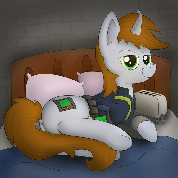 Size: 1280x1280 | Tagged: safe, artist:flufgun, derpibooru import, oc, oc:littlepip, unofficial characters only, pony, unicorn, fallout equestria, fanfic, bed, fanfic art, female, horn, mare, pipbuck, solo, toaster repair pony, vault suit