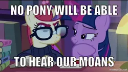 Size: 500x282 | Tagged: alicorn, amending fences, angry, bedroom eyes, book, bookshelf, caption, derpibooru import, discovery family, discovery family logo, edit, edited screencap, female, frustrated, glasses, lesbian, library, meme, moondancer, screencap, shipping, suggestive, twidancer, twilight sparkle, twilight sparkle (alicorn)