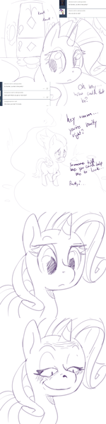 Size: 1200x4800 | Tagged: artist:arkiiwarki, ask, ask trap-rumble, colt, comic, creepy smile, derpibooru import, faic, monochrome, rapeface, rarity, rumble, safe, sketch, smiling, tumblr, wrinkles