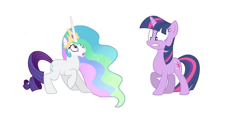 Size: 1280x624 | Tagged: dead source, safe, artist:cakeslover, derpibooru import, princess celestia, rarity, twilight sparkle, hybrid, pony, unicorn, spoiler:comic, body swap, duo, duo female, female, fusion, head swap, race swap, rarilestia, simple background, vector, what has magic done, what has science done, white background