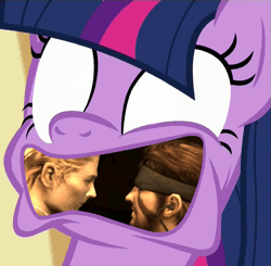Size: 965x945 | Tagged: animated, big boss, cryaotic, derpibooru import, disgusted, kissing, konami, meme, metal gear, metal gear solid, metal gear solid 3, not salmon, party pooped, suggestive, the boss, twilight sparkle, wat