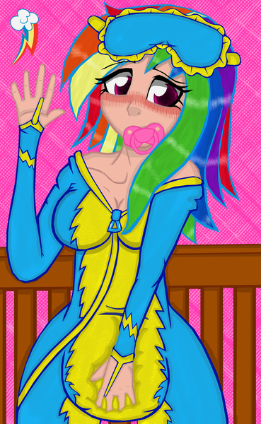 Size: 2078x3378 | Tagged: artist:cuddlelamb, derpibooru import, diaper, diaper fetish, female, footed sleeper, human, humanized, onesie, pacifier, poofy diaper, questionable, rainbow dash, sleep mask, solo, solo female, wonderbolts