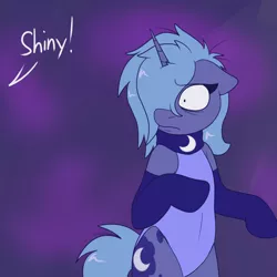 Size: 900x900 | Tagged: safe, artist:skoon, derpibooru import, princess luna, pony, naughty luna, bipedal, clothes, floppy ears, frown, hair over one eye, leotard, looking back, s1 luna, socks, solo, tumblr, wide eyes