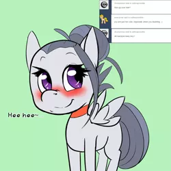 Size: 1200x1200 | Tagged: alternate hairstyle, artist:arkiiwarki, ask, ask trap-rumble, blushing, choker, cute, derpibooru import, dialogue, eyelashes, foal, hair bun, male, oc, rumble, safe, smiling, solo, trap, tumblr, unofficial characters only