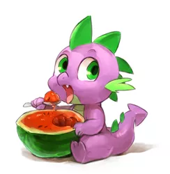 Size: 737x755 | Tagged: safe, artist:audrarius, derpibooru import, spike, dragon, baby, baby dragon, baby spike, cute, eating, food, male, open mouth, simple background, sitting, solo, spikabetes, spoon, tongue out, watermelon, white background