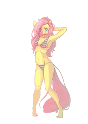 Size: 1498x2116 | Tagged: anthro, armpits, artist:wolfiedrawie, barefoot, belly button, bikini, breasts, clothes, delicious flat chest, derpibooru import, feet, female, flattershy, fluttershy, plantigrade anthro, pose, sideboob, simple background, skinny, solo, solo female, suggestive, swimsuit, transparent background