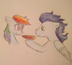 Size: 2576x2328 | Tagged: safe, artist:crystalpony32, derpibooru import, rainbow dash, soarin', female, male, pie, shipping, soarindash, straight, traditional art