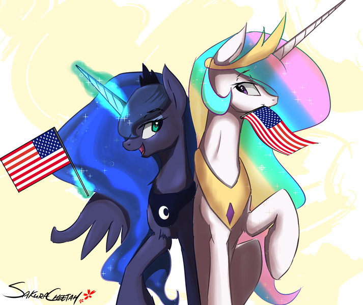 Size: 3440x2894 | Tagged: american flag, american independence day, artist:sakuracheetah, derpibooru import, flag, independence day, levitation, magic, mouth hold, open mouth, princess celestia, princess luna, raised hoof, safe, smiling, telekinesis