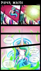 Size: 1500x2544 | Tagged: safe, artist:vavacung, derpibooru import, princess cadance, princess celestia, queen chrysalis, twilight sparkle, twilight sparkle (alicorn), oc, oc:paper mache, alicorn, changeling, pony, comic:to love alicorn, comic, crying, female, mare, miracle