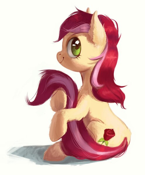 Size: 1652x2000 | Tagged: adorarose, artist:lis-alis, cute, derpibooru import, earth pony, female, fluffy, looking back, mare, pony, roseluck, safe, sitting, smiling, solo, tail hug