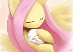 Size: 1209x866 | Tagged: safe, artist:howxu, derpibooru import, angel bunny, fluttershy, pony, angelbetes, comforting, crying, cute, fluttermom, shyabetes