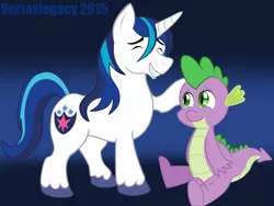 Size: 4608x3456 | Tagged: safe, artist:vortexlegacy, derpibooru import, shining armor, spike, brothers, duo, eyes closed, raised hoof, raised leg, sitting