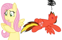 Size: 1024x666 | Tagged: safe, artist:deaththeponyse, derpibooru import, fluttershy, oc, pegasus, pony, alternate eye color, body swap, confused, cutie mark swap, eye swap, faint, female, male, on back, rule 63, simple background, transparent background