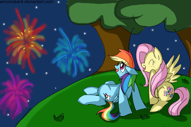 Size: 4320x2880 | Tagged: safe, artist:leslers, derpibooru import, fluttershy, rainbow dash, female, fireworks, flutterdash, lesbian, night, shipping