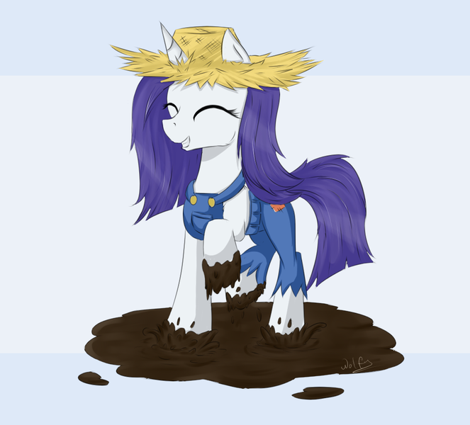 Size: 1000x905 | Tagged: safe, artist:wolfypon, derpibooru import, rarity, pony, unicorn, simple ways, clothes, cute, dirty, happy, mud, rarihick, solo