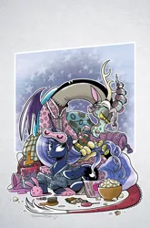 Size: 787x1195 | Tagged: safe, artist:brendahickey, derpibooru import, idw, discord, princess luna, alicorn, draconequus, pony, friends forever, spoiler:comic, spoiler:comicff20, bunny slippers, clothes, cover, duo, female, hair curlers, male, mare, mud mask, pajamas, popcorn, sleep mask, slippers, slumber party