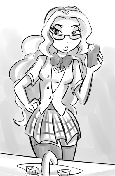 Size: 1244x1896 | Tagged: safe, artist:ponut_joe, derpibooru import, adagio dazzle, equestria girls, bedroom eyes, bowtie, clothes, female, glasses, hand on hip, miniskirt, mirror, mobile phone, monochrome, nail polish, nerddagio, phone, selfie, sink, skirt, socks, solo, stockings, thigh highs, zettai ryouiki