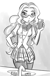 Size: 1244x1896 | Tagged: safe, artist:ponut_joe, derpibooru import, adagio dazzle, equestria girls, bedroom eyes, bowtie, clothes, female, glasses, hand on hip, miniskirt, mirror, mobile phone, monochrome, nail polish, nerddagio, phone, selfie, sink, skirt, socks, solo, stockings, thigh highs, zettai ryouiki