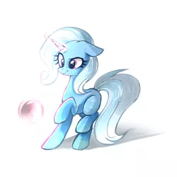 Size: 1280x1280 | Tagged: dead source, safe, artist:mirtash, derpibooru import, trixie, pony, unicorn, bubble, female, floppy ears, glowing horn, magic, mare, missing accessory, raised hoof, raised leg, rcf community, simple background, solo, standing, white background