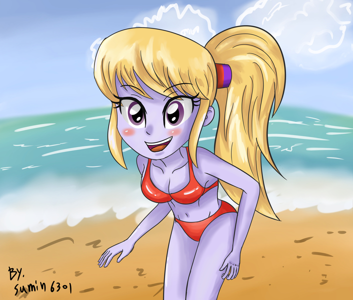 Size: 3000x2550 | Tagged: suggestive, artist:sumin6301, derpibooru import, cloudy kicks, equestria girls, adorasexy, background human, beach, belly button, bikini, blushing, breasts, busty cloudy kicks, cleavage, clothes, cute, dat hair, female, looking at you, midriff, ponytail, sexy, smiling, solo, solo female, swimsuit