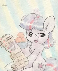 Size: 681x840 | Tagged: artist:slightlyshade, checklist, derpibooru import, ice cream, safe, solo, traditional art, twilight sparkle