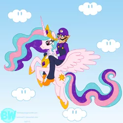 Size: 2000x2000 | Tagged: safe, artist:sekhmet17, derpibooru import, princess celestia, alicorn, human, pony, cloud, crossover, duo, female, flying, humans riding ponies, male, mare, nintendo, pony ride, riding, sky, super mario bros., waluigi