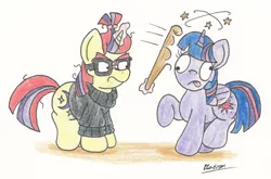 Size: 1887x1242 | Tagged: safe, artist:bobthedalek, derpibooru import, moondancer, twilight sparkle, twilight sparkle (alicorn), alicorn, pony, amending fences, alternate ending, bad end, bonk, circling stars, club, dizzy, female, hitting, mare, traditional art, twilybuse