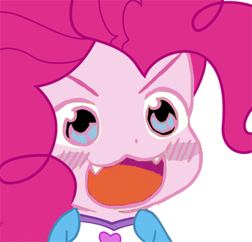 Size: 358x344 | Tagged: safe, artist:pinkiepiemike, derpibooru import, pinkie pie, equestria girls, :3, blushing, cute, fangs, meme, ohayou face, touhou