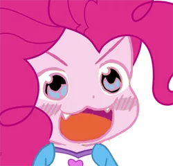 Size: 358x344 | Tagged: safe, artist:pinkiepiemike, derpibooru import, pinkie pie, equestria girls, :3, blushing, cute, fangs, meme, ohayou face, touhou