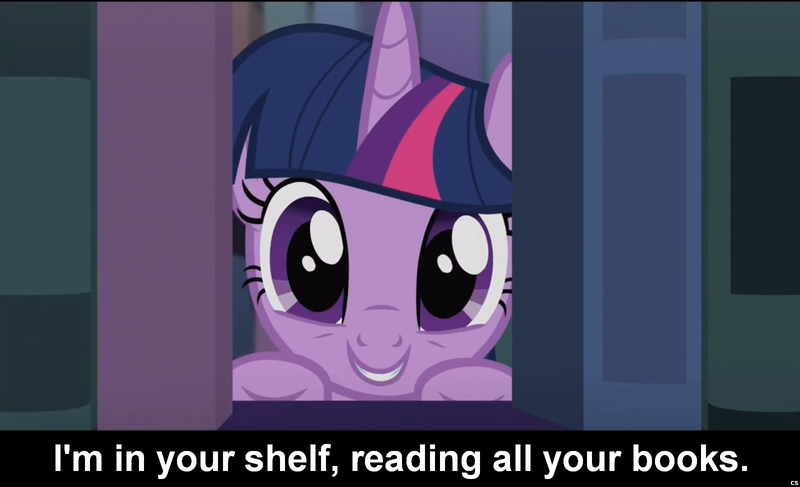 Size: 1600x973 | Tagged: safe, derpibooru import, screencap, twilight sparkle, twilight sparkle (alicorn), alicorn, pony, amending fences, adorkable, book, bronybait, caption, cs captions, cute, dork, female, grin, image macro, looking at you, mare, meme, shelf, smiling, solo, twiabetes