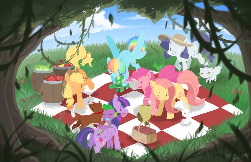 Size: 1020x660 | Tagged: safe, artist:mousu, derpibooru import, angel bunny, applejack, fluttershy, opalescence, owlowiscious, pinkie pie, rainbow dash, rarity, spike, tank, twilight sparkle, twilight sparkle (alicorn), winona, alicorn, pony, cute, female, mane seven, mane six, mare, picnic