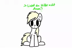 Size: 1455x967 | Tagged: safe, artist:ajw, derpibooru import, oc, oc:aryanne, unofficial characters only, earth pony, pony, alternate eye color, female, german, question, sad, simple background, sitting, solo, translated in the description, white background