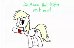 Size: 1849x1188 | Tagged: safe, artist:ajw, derpibooru import, oc, oc:aryanne, unofficial characters only, earth pony, pony, alternate eye color, female, german, happy, heart, nazi, simple background, sitting, smiling, solo, swastika, text, translated in the description, white background