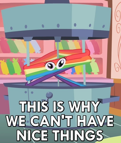 Size: 575x675 | Tagged: accident, candy, caption, derpibooru import, image macro, machine, meme, messy, pulling, rainbow, reaction image, safe, scootaloo, screencap, sugarcube corner, taffy, taffy puller, the show stoppers, this is why we can't have nice things