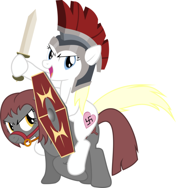 Size: 5000x5337 | Tagged: safe, derpibooru import, oc, oc:aryanne, oc:veronika, earth pony, pony, absurd resolution, cavalry, charge, communism, fascism, heart, helmet, military, mindfuck, nazi, ponies riding ponies, riding, royal guard, saddle, shield, simple background, smiling, swastika, sword, transparent background, vector