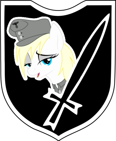 Size: 634x768 | Tagged: 8chan, derpibooru import, football, hat, head, insignia, oc, oc:aryanne, /pone/, safe, schutzstaffel, shield, smug, solo, sword, unofficial characters only