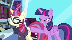 Size: 1600x900 | Tagged: safe, derpibooru import, screencap, moondancer, twilight sparkle, twilight sparkle (alicorn), alicorn, amending fences, book, bookshelf, butt touch, hoof on butt, lidded eyes, out of context, shipping fuel, tongue out, twilight's canterlot home