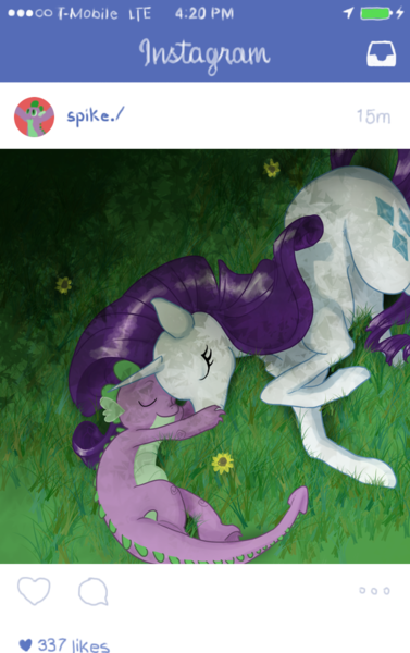 Size: 640x1018 | Tagged: safe, artist:m0on13aby, derpibooru import, rarity, spike, dragon, pony, unicorn, 420, cute, eyes closed, female, flower, grass, instagram, interspecies, ios, iphone, male, raribetes, shipping, sleeping, sparity, spikabetes, straight