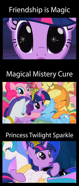 Size: 1796x4185 | Tagged: safe, derpibooru import, edit, edited screencap, screencap, applejack, fluttershy, pinkie pie, princess celestia, princess luna, rainbow dash, rarity, twilight sparkle, twilight sparkle (alicorn), alicorn, pony, friendship is magic, magical mystery cure, princess twilight sparkle (episode), crown, female, mane six, mare, misspelling, spark, text, wide eyes