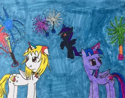 Size: 878x690 | Tagged: safe, artist:ask-luciavampire, derpibooru import, oc, unofficial characters only, alicorn, pony, vampire, vampony, tumblr:ask-luciavampire, alicorn oc, blank flank, fireworks, group, sisters, traditional art, tumblr