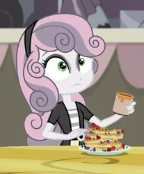 Size: 556x673 | Tagged: safe, anonymous artist, derpibooru import, edit, edited screencap, screencap, sweetie belle, human, equestria girls, rainbow rocks, eyeliner, eyeshadow, frown, goth, image, jpeg, makeup, meanie belle, needs more jpeg, pancakes, solo, wide eyes